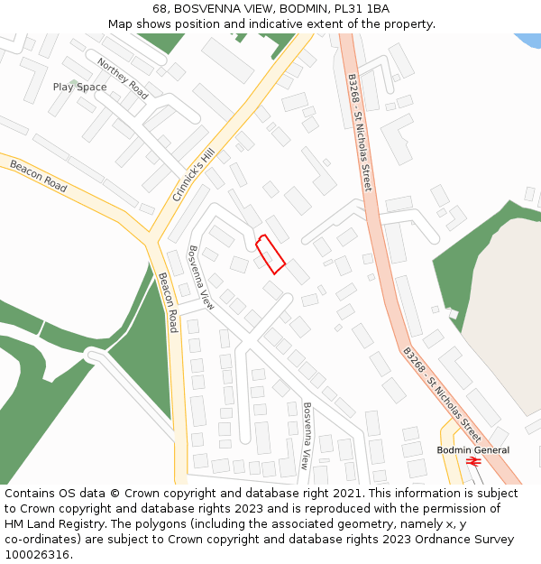 68, BOSVENNA VIEW, BODMIN, PL31 1BA: Location map and indicative extent of plot