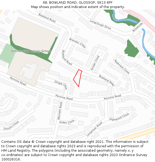 68, BOWLAND ROAD, GLOSSOP, SK13 6PF: Location map and indicative extent of plot