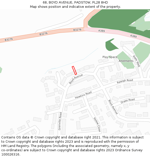 68, BOYD AVENUE, PADSTOW, PL28 8HD: Location map and indicative extent of plot
