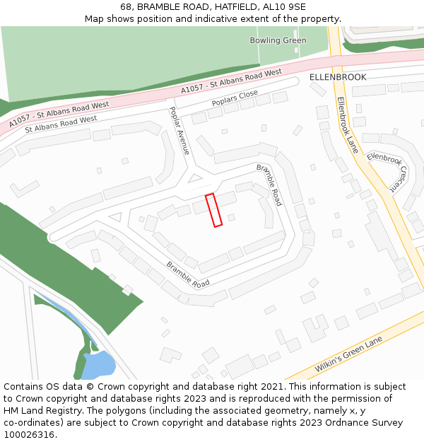 68, BRAMBLE ROAD, HATFIELD, AL10 9SE: Location map and indicative extent of plot