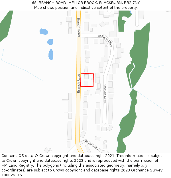 68, BRANCH ROAD, MELLOR BROOK, BLACKBURN, BB2 7NY: Location map and indicative extent of plot