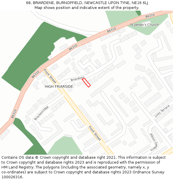 68, BRIARDENE, BURNOPFIELD, NEWCASTLE UPON TYNE, NE16 6LJ: Location map and indicative extent of plot