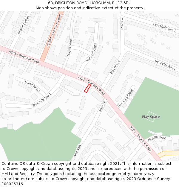 68, BRIGHTON ROAD, HORSHAM, RH13 5BU: Location map and indicative extent of plot