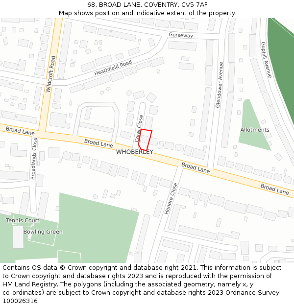 68, BROAD LANE, COVENTRY, CV5 7AF: Location map and indicative extent of plot