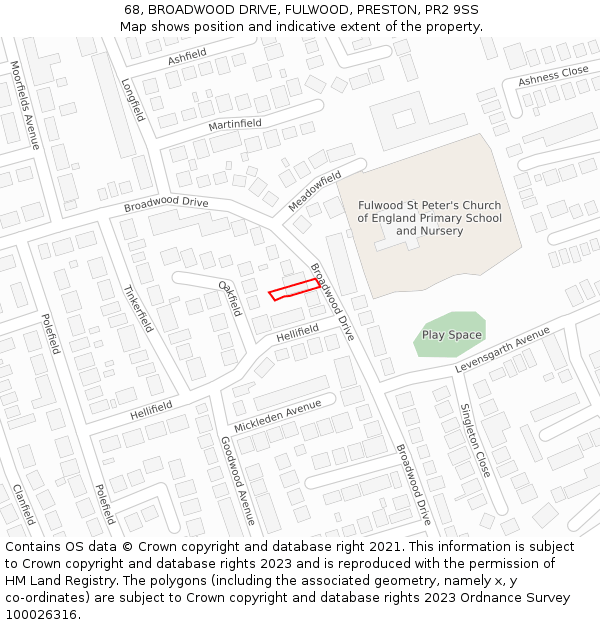 68, BROADWOOD DRIVE, FULWOOD, PRESTON, PR2 9SS: Location map and indicative extent of plot