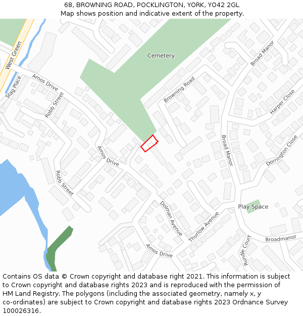 68, BROWNING ROAD, POCKLINGTON, YORK, YO42 2GL: Location map and indicative extent of plot