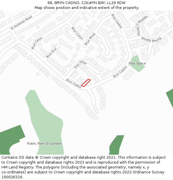 68, BRYN CADNO, COLWYN BAY, LL29 6DW: Location map and indicative extent of plot
