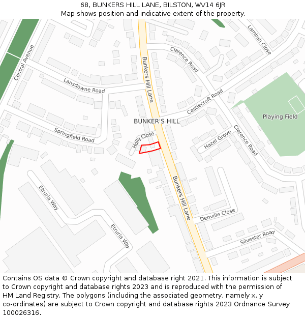 68, BUNKERS HILL LANE, BILSTON, WV14 6JR: Location map and indicative extent of plot