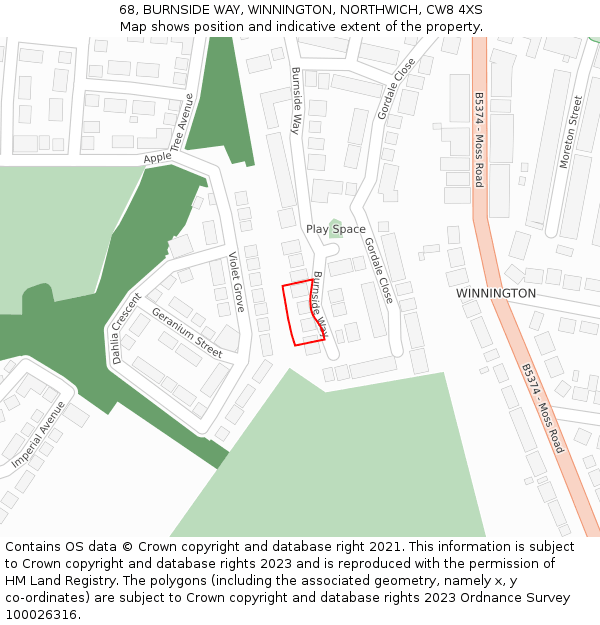 68, BURNSIDE WAY, WINNINGTON, NORTHWICH, CW8 4XS: Location map and indicative extent of plot