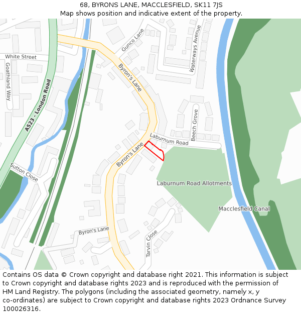 68, BYRONS LANE, MACCLESFIELD, SK11 7JS: Location map and indicative extent of plot