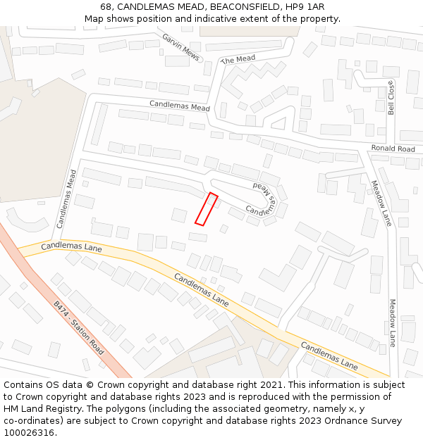 68, CANDLEMAS MEAD, BEACONSFIELD, HP9 1AR: Location map and indicative extent of plot