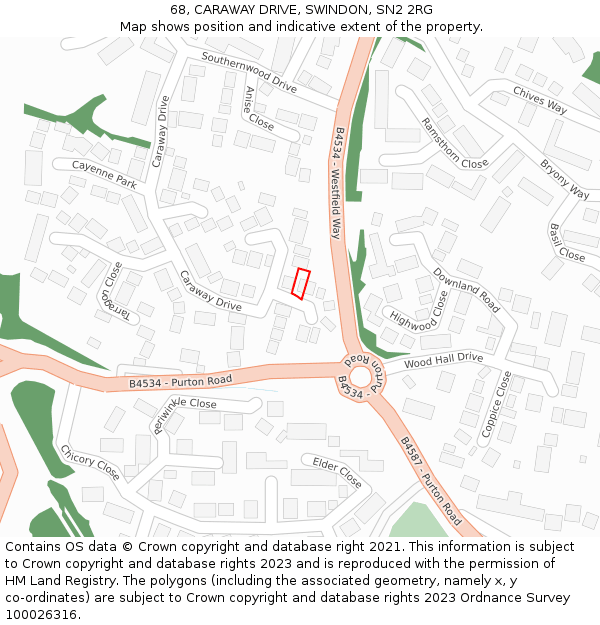 68, CARAWAY DRIVE, SWINDON, SN2 2RG: Location map and indicative extent of plot