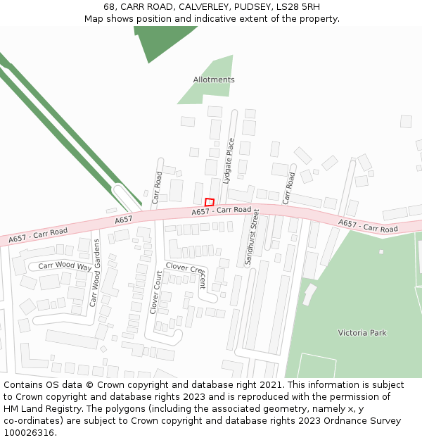 68, CARR ROAD, CALVERLEY, PUDSEY, LS28 5RH: Location map and indicative extent of plot