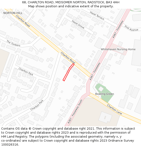 68, CHARLTON ROAD, MIDSOMER NORTON, RADSTOCK, BA3 4AH: Location map and indicative extent of plot