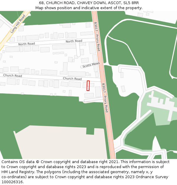 68, CHURCH ROAD, CHAVEY DOWN, ASCOT, SL5 8RR: Location map and indicative extent of plot