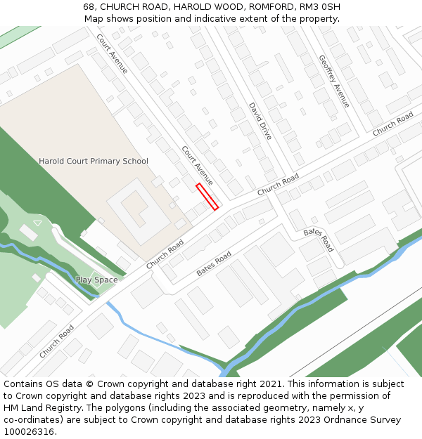 68, CHURCH ROAD, HAROLD WOOD, ROMFORD, RM3 0SH: Location map and indicative extent of plot