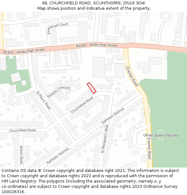 68, CHURCHFIELD ROAD, SCUNTHORPE, DN16 3DW: Location map and indicative extent of plot