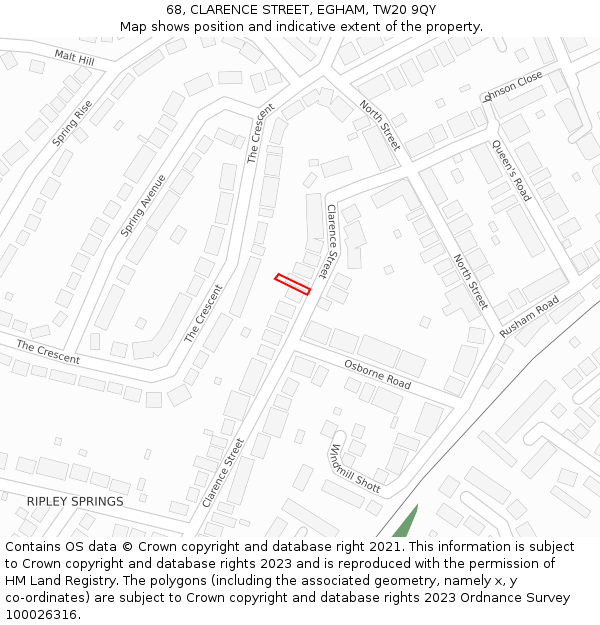 68, CLARENCE STREET, EGHAM, TW20 9QY: Location map and indicative extent of plot