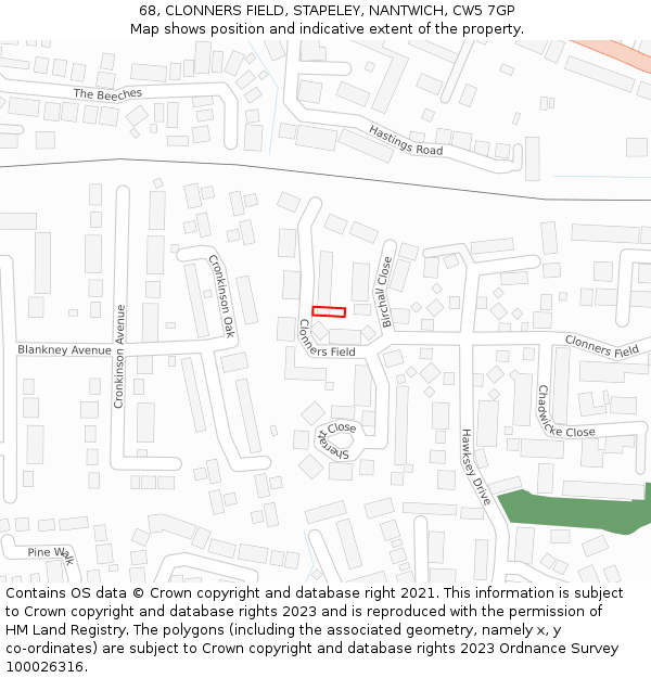 68, CLONNERS FIELD, STAPELEY, NANTWICH, CW5 7GP: Location map and indicative extent of plot