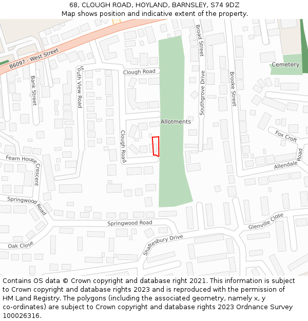 68, CLOUGH ROAD, HOYLAND, BARNSLEY, S74 9DZ: Location map and indicative extent of plot