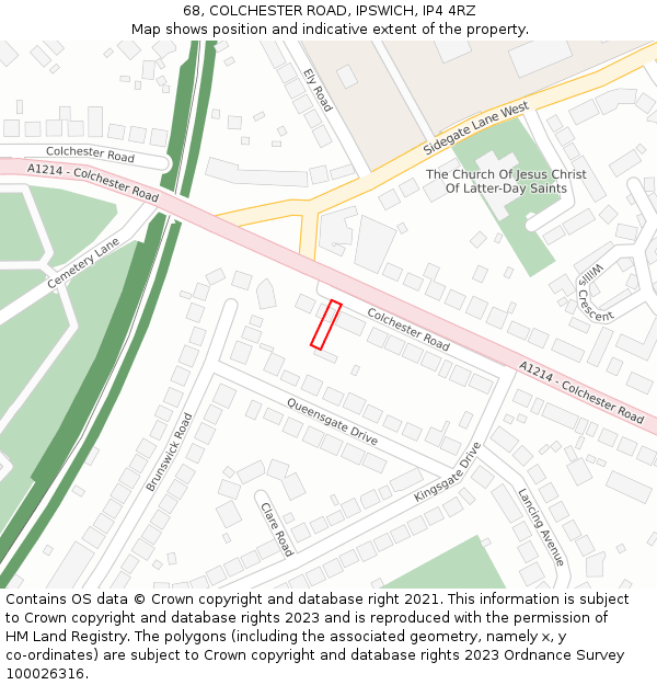 68, COLCHESTER ROAD, IPSWICH, IP4 4RZ: Location map and indicative extent of plot