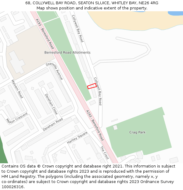 68, COLLYWELL BAY ROAD, SEATON SLUICE, WHITLEY BAY, NE26 4RG: Location map and indicative extent of plot