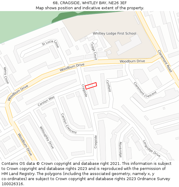 68, CRAGSIDE, WHITLEY BAY, NE26 3EF: Location map and indicative extent of plot