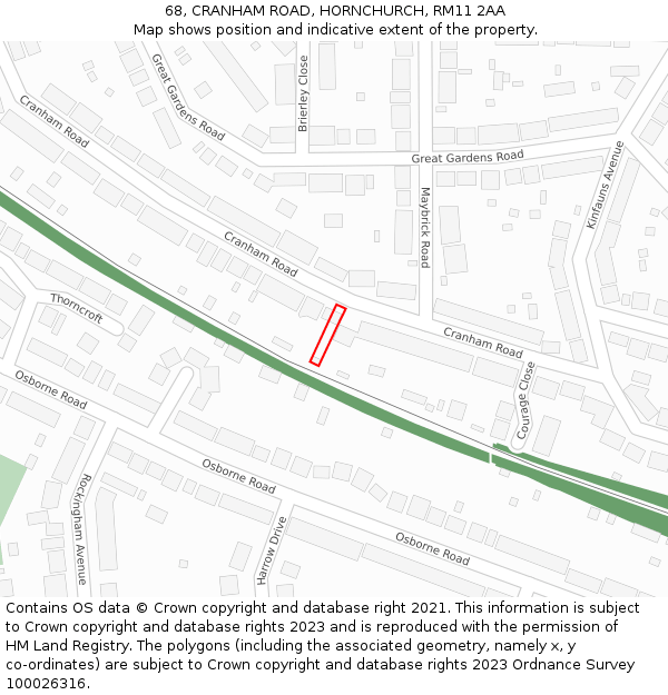 68, CRANHAM ROAD, HORNCHURCH, RM11 2AA: Location map and indicative extent of plot