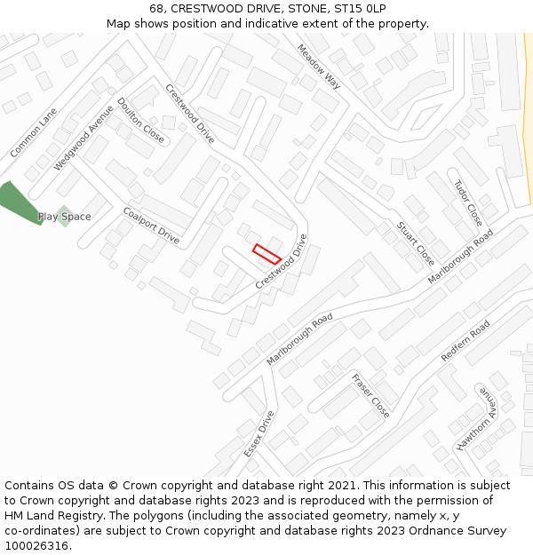 68, CRESTWOOD DRIVE, STONE, ST15 0LP: Location map and indicative extent of plot