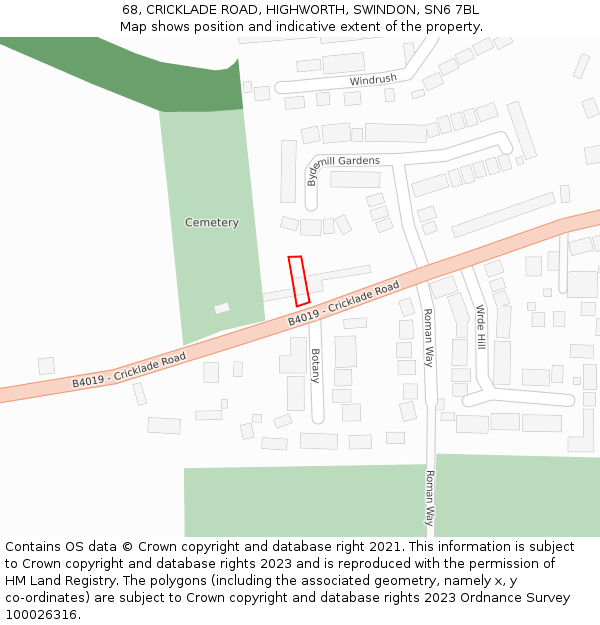 68, CRICKLADE ROAD, HIGHWORTH, SWINDON, SN6 7BL: Location map and indicative extent of plot