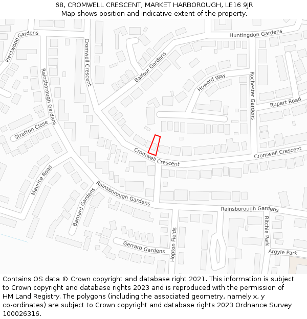 68, CROMWELL CRESCENT, MARKET HARBOROUGH, LE16 9JR: Location map and indicative extent of plot