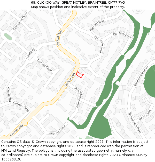 68, CUCKOO WAY, GREAT NOTLEY, BRAINTREE, CM77 7YG: Location map and indicative extent of plot