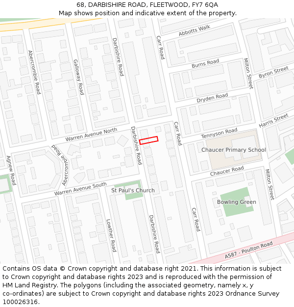 68, DARBISHIRE ROAD, FLEETWOOD, FY7 6QA: Location map and indicative extent of plot