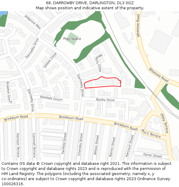 68, DARROWBY DRIVE, DARLINGTON, DL3 0GZ: Location map and indicative extent of plot