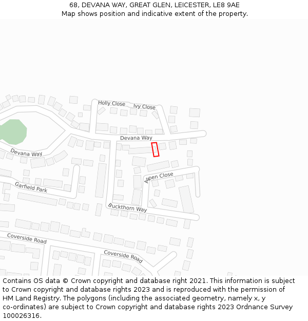 68, DEVANA WAY, GREAT GLEN, LEICESTER, LE8 9AE: Location map and indicative extent of plot