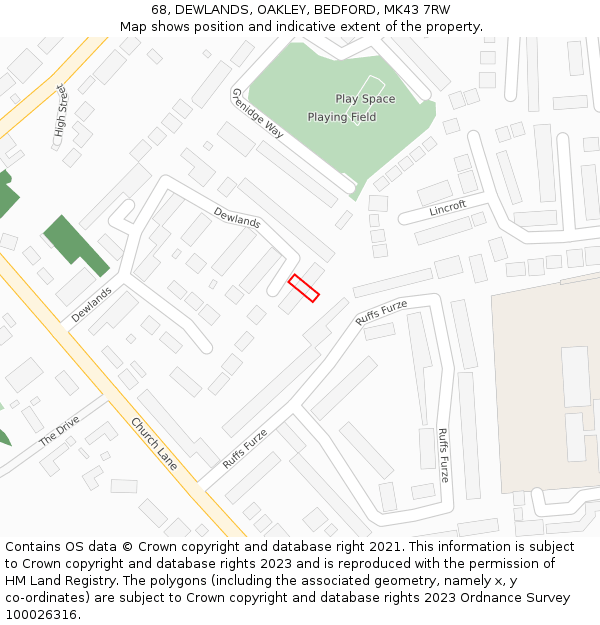 68, DEWLANDS, OAKLEY, BEDFORD, MK43 7RW: Location map and indicative extent of plot