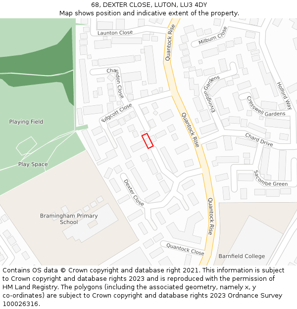 68, DEXTER CLOSE, LUTON, LU3 4DY: Location map and indicative extent of plot