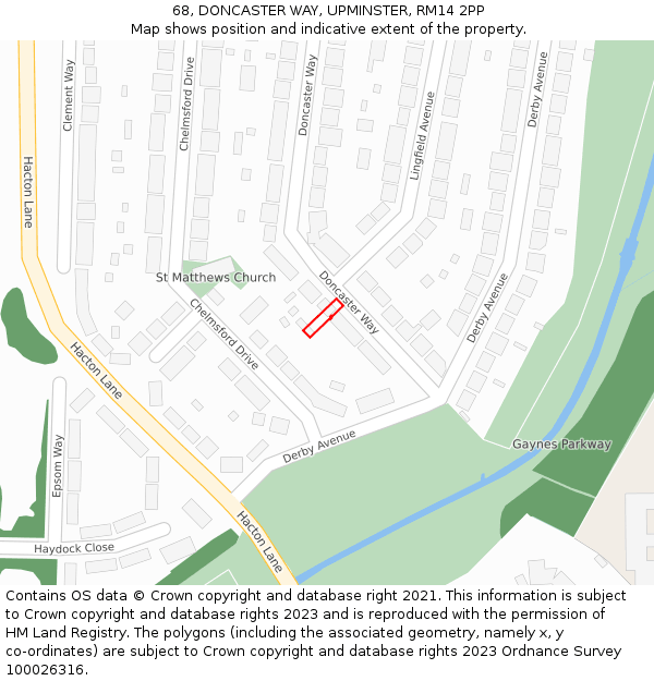 68, DONCASTER WAY, UPMINSTER, RM14 2PP: Location map and indicative extent of plot