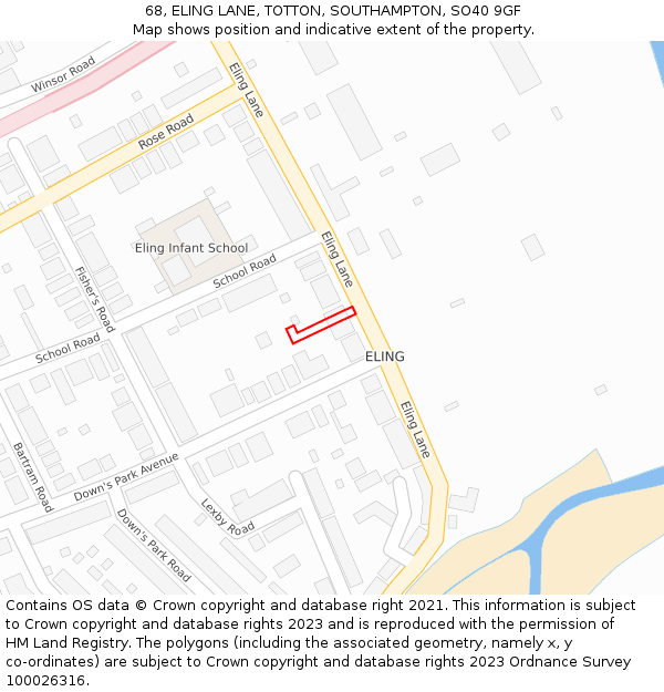 68, ELING LANE, TOTTON, SOUTHAMPTON, SO40 9GF: Location map and indicative extent of plot