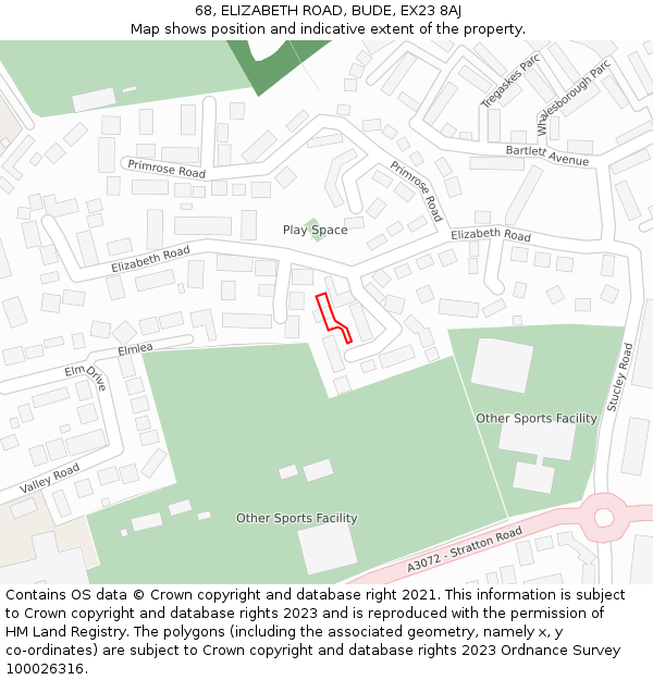 68, ELIZABETH ROAD, BUDE, EX23 8AJ: Location map and indicative extent of plot