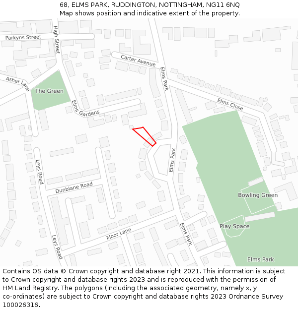 68, ELMS PARK, RUDDINGTON, NOTTINGHAM, NG11 6NQ: Location map and indicative extent of plot