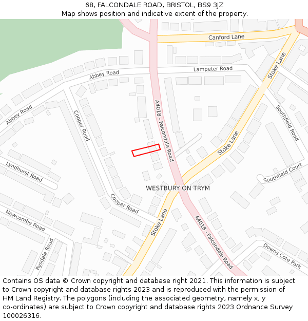 68, FALCONDALE ROAD, BRISTOL, BS9 3JZ: Location map and indicative extent of plot