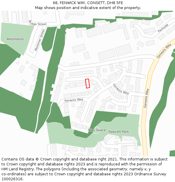 68, FENWICK WAY, CONSETT, DH8 5FE: Location map and indicative extent of plot