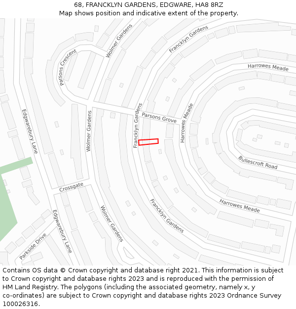 68, FRANCKLYN GARDENS, EDGWARE, HA8 8RZ: Location map and indicative extent of plot