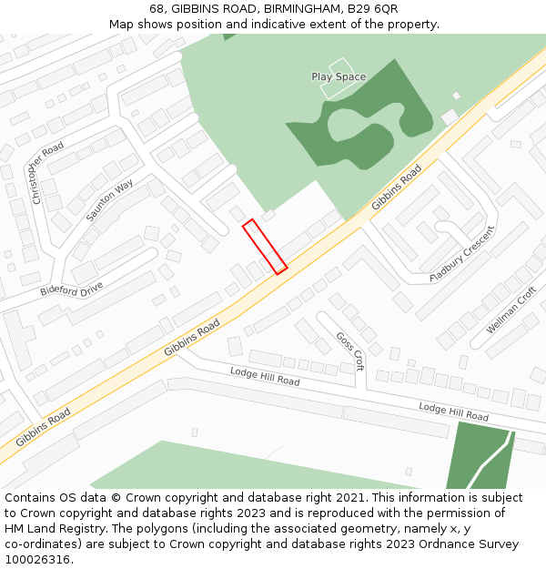 68, GIBBINS ROAD, BIRMINGHAM, B29 6QR: Location map and indicative extent of plot