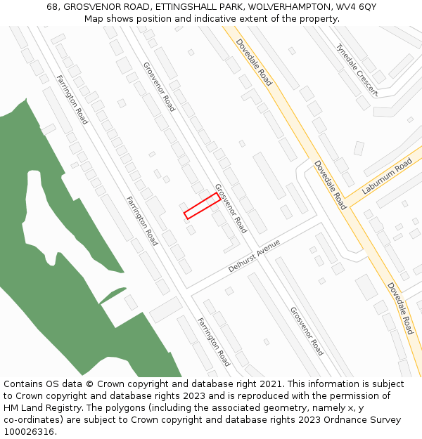 68, GROSVENOR ROAD, ETTINGSHALL PARK, WOLVERHAMPTON, WV4 6QY: Location map and indicative extent of plot