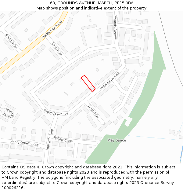 68, GROUNDS AVENUE, MARCH, PE15 9BA: Location map and indicative extent of plot