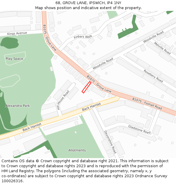 68, GROVE LANE, IPSWICH, IP4 1NY: Location map and indicative extent of plot