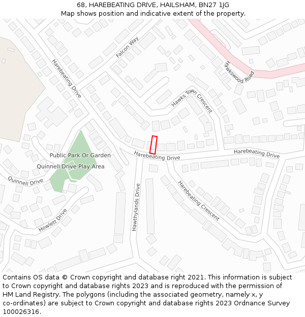 68, HAREBEATING DRIVE, HAILSHAM, BN27 1JG: Location map and indicative extent of plot