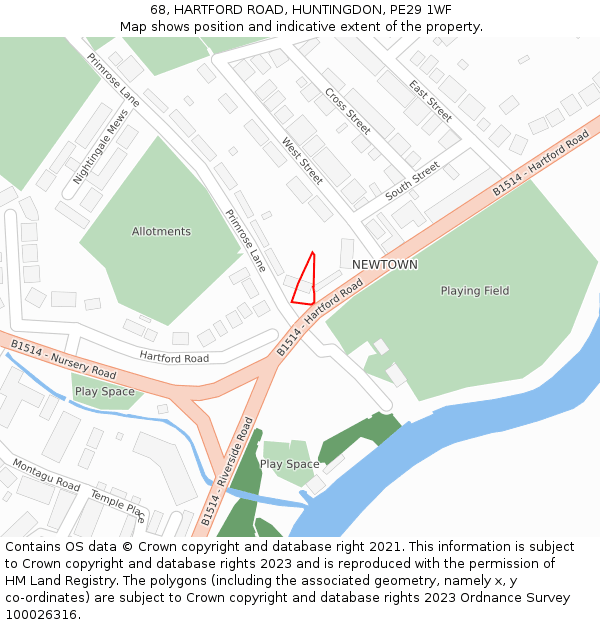 68, HARTFORD ROAD, HUNTINGDON, PE29 1WF: Location map and indicative extent of plot